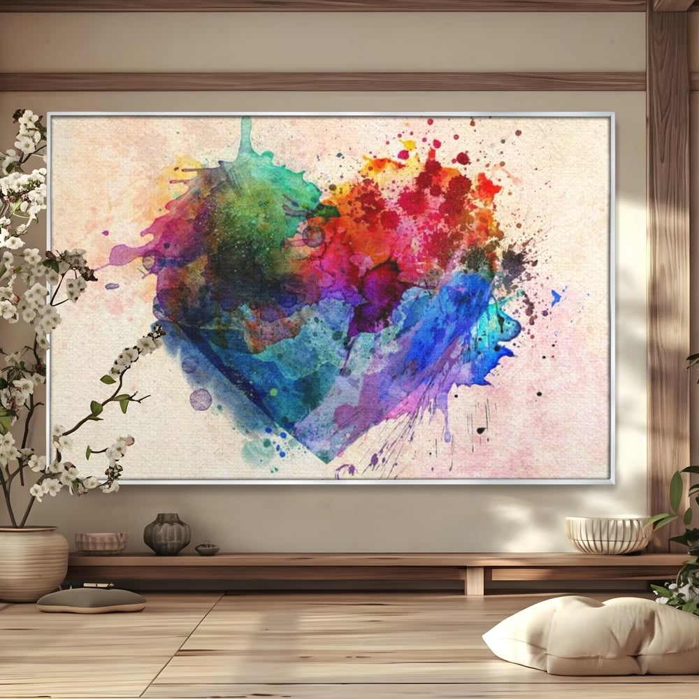 Tablou canvas cu tablou canvas cu inima colorata, in rama de aluminiu argintiu